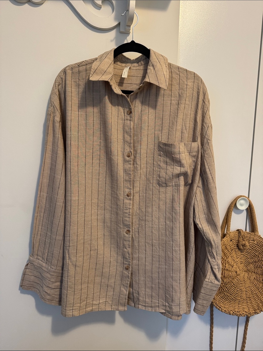 Relaxed Tan Striped Button-Down Linen Shirt